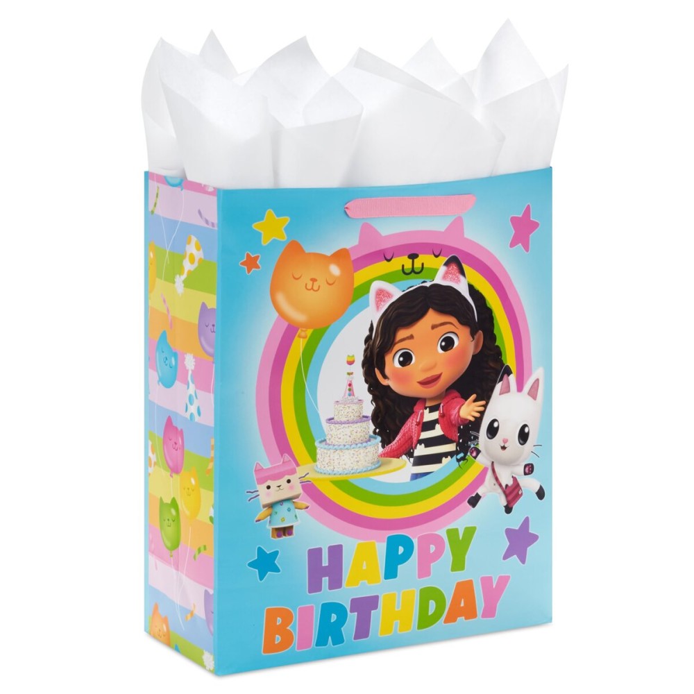 Hallmark Gabby\'s Dollhouse 15 Extra Large Birthday Gift Bag with Tissue Paper (Blue and Pink Rainbow) for Kids, Grandchildren, Friends