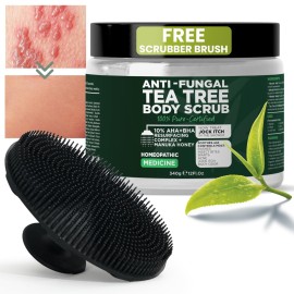 Terramed Just Think Comfort Antifungal Body Scrub with Tea Tree Oil - Exfoliating Body Wash for Women & Men - Soothes Itchy Skin, Rashes, Acne, Warts & Insects Bites - 12 Fl oz with Scrubber Brush