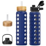 MUKOKO Glass Water Bottles, 32oz Glass Tumbler with Straw, Drinking Bottles with 2 Lids-Handle Spout Lid&Bamboo Straw Lid, Motivational Water Bottle with Time Marker and Silicone Sleeve, 1 Pack-Blue