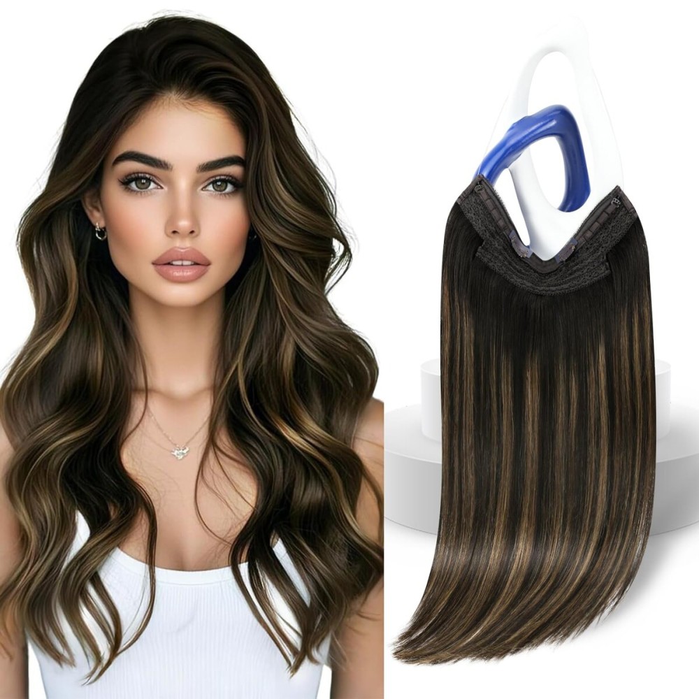 Sunny Hair Wire Hair Extensions Real Human Hair Fish Line Human Hair Extensions Invisible Wire Extensions Dark Brown to Light Brown with Dark Brown 2/2/6 18 Inch