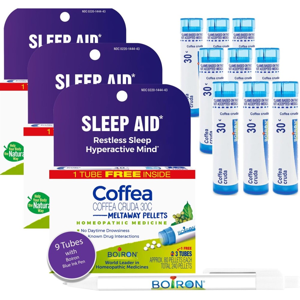 Boiron Coffea Cruda 30C - 9 Blue Tubes - Homeopathic Sleep Aid for Restless Sleep, Racing Thoughts, and Difficulty Sleeping with Blue Pen