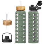 MUKOKO Glass Water Bottles, 32oz Glass Tumbler with Straw, Drinking Bottles with 2 Lids-Handle Spout Lid&Bamboo Straw Lid, Motivational Water Bottle with Time Marker and Silicone Sleeve, 1 Pack-Olive
