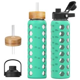 MUKOKO Glass Water Bottles, 32oz Glass Tumbler with Straw, Drinking Bottles with 2 Lids-Handle Spout Lid&Bamboo Straw Lid, Motivational Water Bottle with Time Marker and Silicone Sleeve, 1 Pack-Green