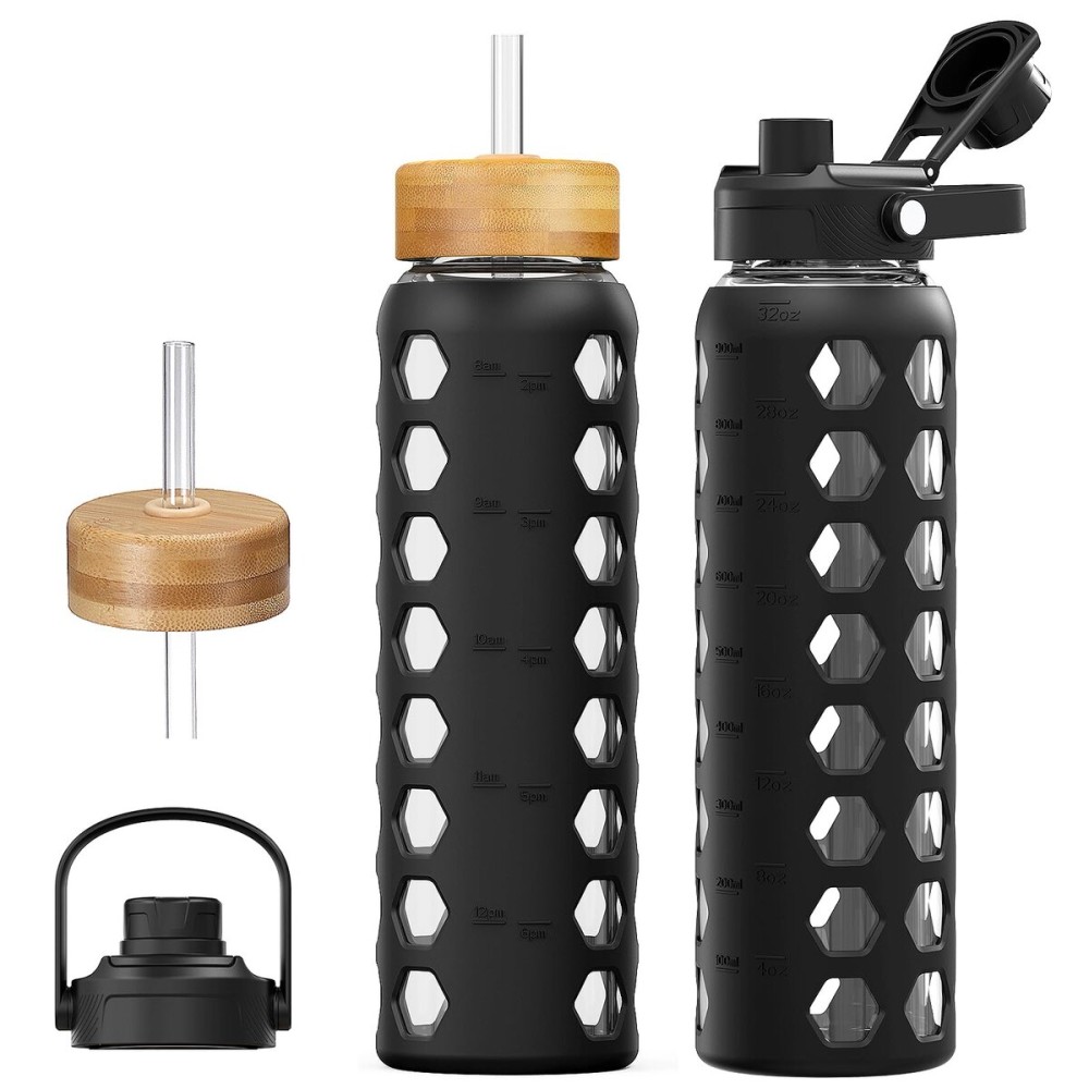 MUKOKO Glass Water Bottles, 32oz Glass Tumbler with Straw, Drinking Bottles with 2 Lids-Handle Spout Lid&Bamboo Straw Lid, Motivational Water Bottle with Time Marker and Silicone Sleeve, 1 Pack-Black