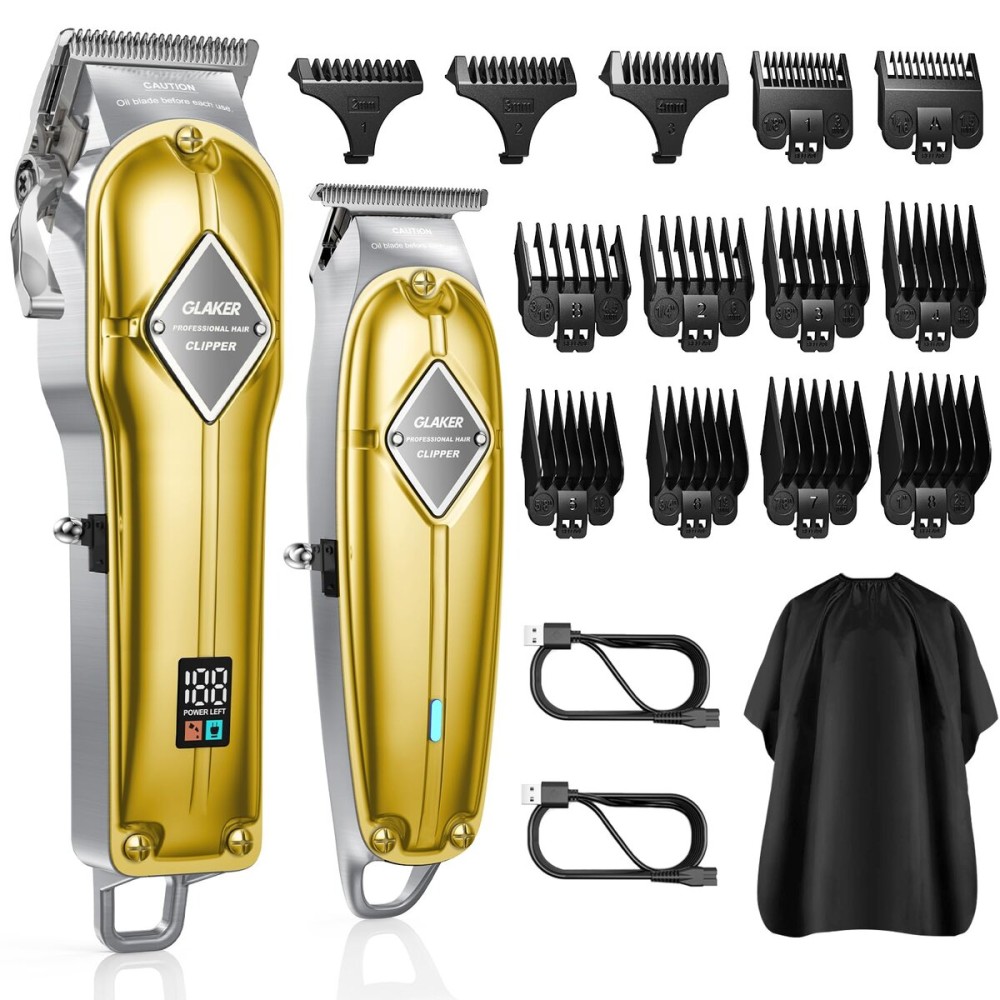 GLAKER Hair Clippers for Men Professional - Cordless Clippers and Trimmers Set, Complete Barber Kit for Hair Trimming & Beard Grooming, Mens Haircutting Kits for Blending & Fade Cuts (Gold)