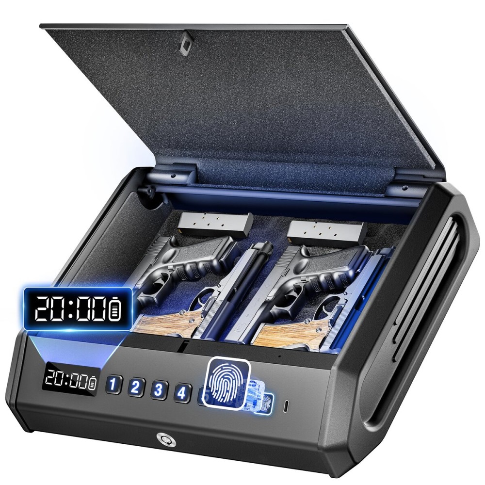 TOPMEDA Biometric Gun Safe - 100 Fingerprints, 3-Ways Unlock Large Handgun Lock Box fits 4 Pistols, Silent Mode & Emergency Power for Home Nightstand & Car