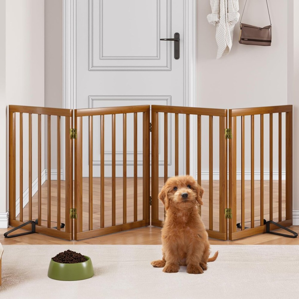 Mino Kesper Freestanding Pet Gate Foldable 4 Panel Dog Gate Walnut Dog Gates for Stair Doorways House Indoor (2 Support Feet Included)