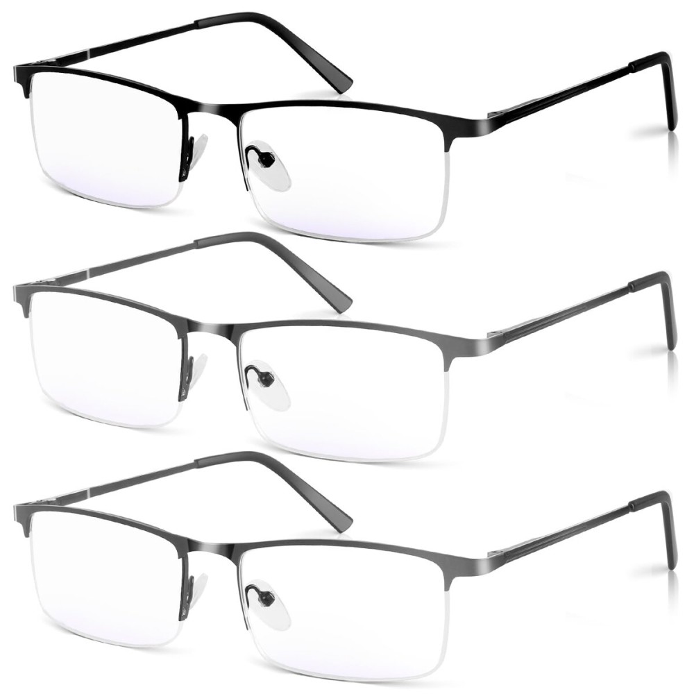 WEIMELTOY 3 Pack Blue Light Blocking Reading Glasses for Men, Stylish Half Frame Metal Computer Readers, Lightweight Spring Hinge Eyeglasses Anti Eyestrain/Glare/UV (2PCS Gray+1PCS Black,+2.0)