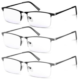 WEIMELTOY 3 Pack Blue Light Blocking Reading Glasses for Men, Stylish Half Frame Metal Computer Readers, Lightweight Spring Hinge Eyeglasses Anti Eyestrain/Glare/UV (2PCS Gray+1PCS Black,+2.0)