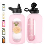 CIVAGO 64 oz Glass Water Bottle Jug with Straw and Handle, Half Gallon Sports Motivational Water Bottle with Time Marker, Wide Mouth Flask Canteen with Silicone Sleeve for Gym, Blush
