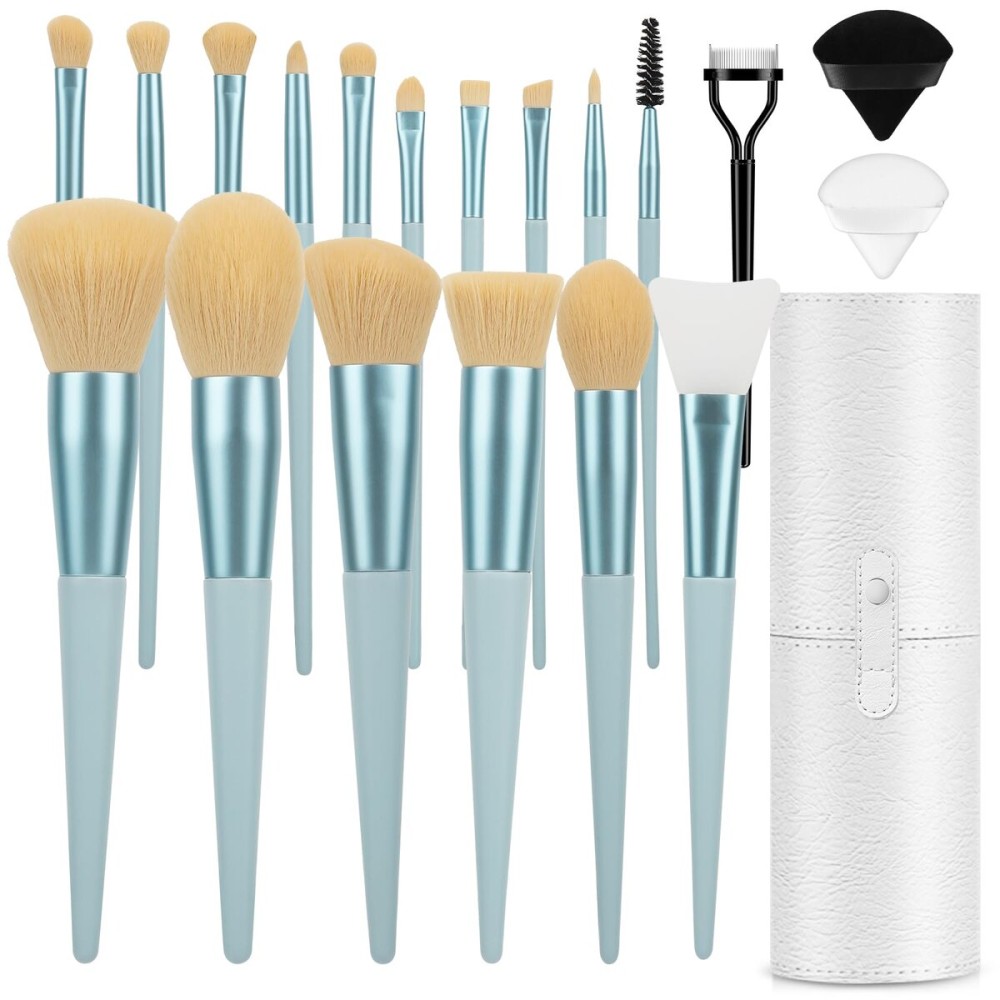 Makeup Brushes 20PCs Makeup Brush Set with Foundation Eyebrow Blending Concealer Blush Eyeshadow Contour Lash Powder Brush, Travel Make Up Brush Kit with Case & 2 Powder Puff - Baby Blue