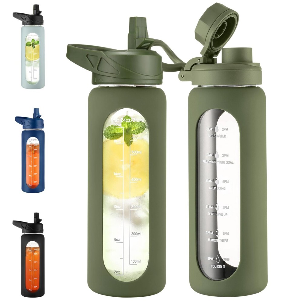 CIVAGO 64 oz Glass Water Bottle Jug with Straw and Handle, Half Gallon Sports Motivational Water Bottle with Time Marker, Wide Mouth Flask Canteen with Silicone Sleeve for Gym, Lavender