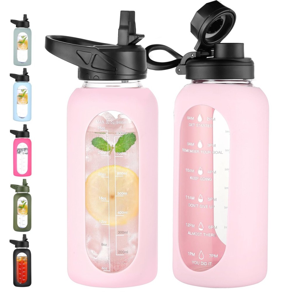 CIVAGO 32 oz Glass Water Bottle with Straw and Handle, Large Sports Motivational Water Bottle Flask with Time Marker and 2 Lids, Leakproof Water Jug Canteen with Silicone Sleeve for Gym,Blush