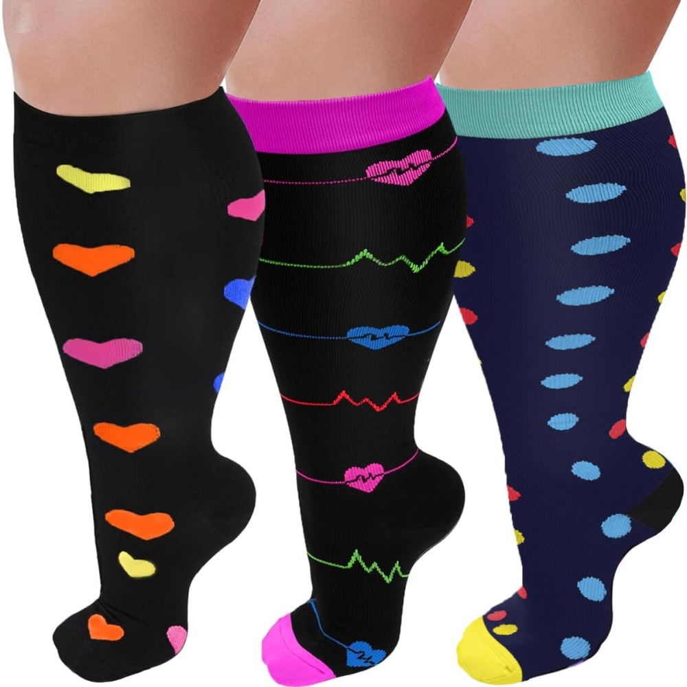 GET-FA 3 Pairs Plus Size Compression Socks for Women and Men Wide Calf 20-30mmhg Extra Large Knee High Support for Circulation