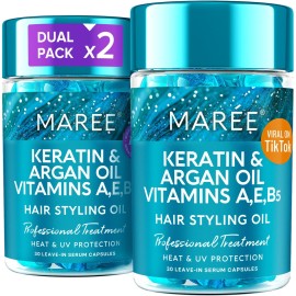 MAREE Hair Oil for Frizzy - Hair Vitamins Keratin Styling Capsules 2 PACK with Jojoba & Argan Oil - Anti Frizz Serum for Women - Frizzy, Damaged, Dry & Curly - Srum Gotas & Aceite Para el Cabello