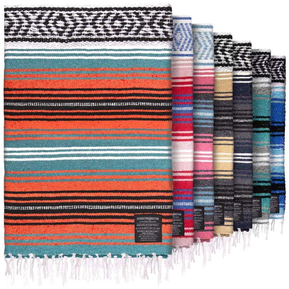 Hydration Nation Authentic Large Handwoven Mexican Blanket - Soft Yoga - Durable Serape - Lightweight Falsa, Beach, Camping, Picnic, Outdoor 70x50 - Mandarin