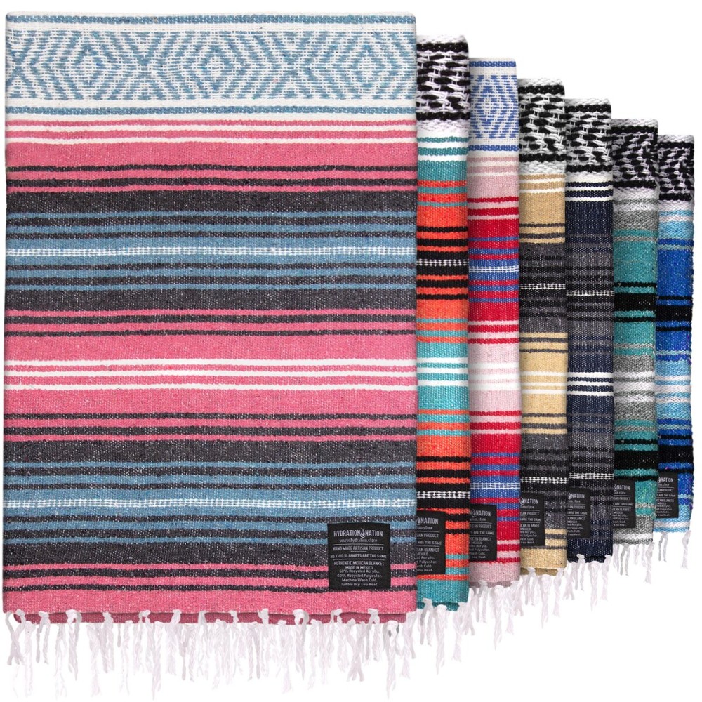 Hydration Nation Authentic Large Handwoven Mexican Striped Throw Blanket - Soft, Durable, Eco-Friendly - 70x50 - Azure