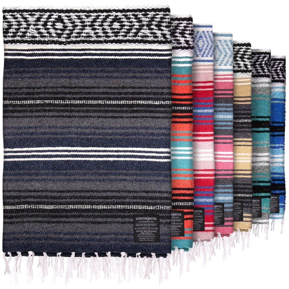 Hydration Nation Authentic Extra Large Mexican Blanket (70x50) - Handwoven Yoga, Serape - Artisanal Falsa, Beach, Camping, Picnic, Outdoor (Blue Haze)