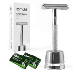 ZOMCHI Double Edge Safety Razor for Men with Stand, Reusable Metal Razor with 10 Double Edge Blades, Single Blade Razors for Men & Women - Silver