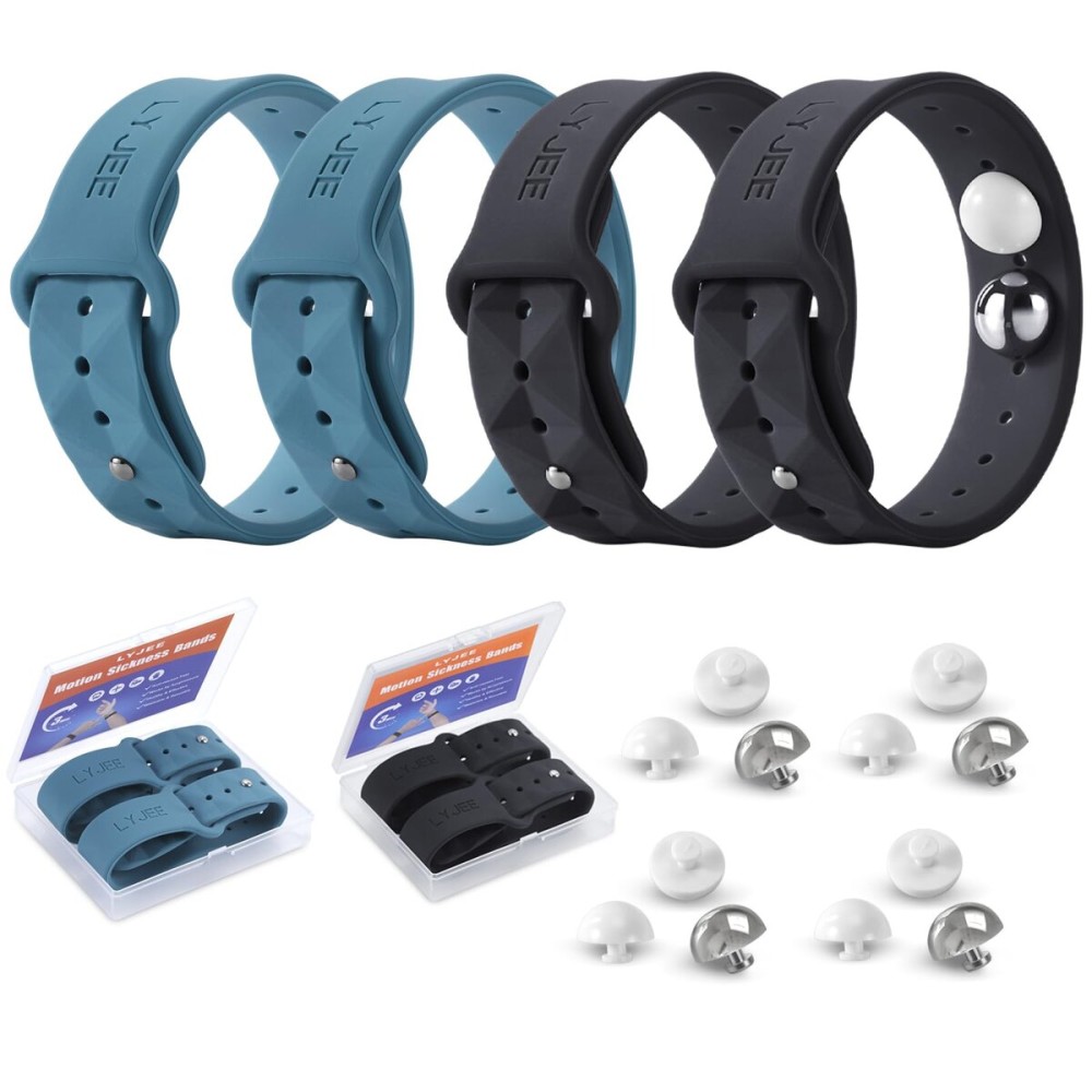 LYJEE Motion Sickness Bands Sea Sickness Wristbands Adjustable Acupressure Nausea Wristband/,Natural Relief of Nausea Headaches,Anxiety,Sleep Aid, Morning Sickness,Motion Sickness-(Black+Blue)