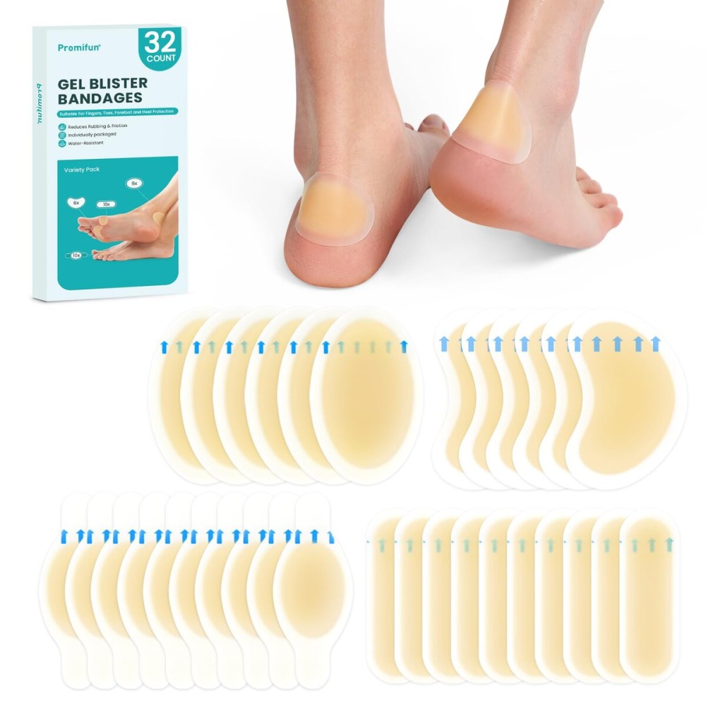 Hydrocolloid Gel Blister Bandages Pads - (Variety Pack) Promifun 32ct Waterproof Adhesive Blisters Bandages - Blister Pads for Heel, Foot, Toe, Feet - Gel Blister Chshions for Prevention & Recovery