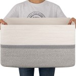 OIAHOMY Large Blanket Basket, 22x17x12 Rectangle Woven Baskets, Nursery Blanket Storage Living Room, Toy Storage With Handle, Large Baskets for Organizing-Grey/White