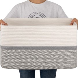 OIAHOMY Large Blanket Basket, 22x17x12 Rectangle Woven Baskets, Nursery Blanket Storage Living Room, Toy Storage With Handle, Large Baskets for Organizing-Grey/White
