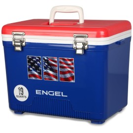 Engel UC19-RWB 19 Quart Fishing Live Bait Dry Box Ice Cooler with Stain/Odor-Resistant Surface and Shoulder Strap, USE Red, White and Blue with American Flag