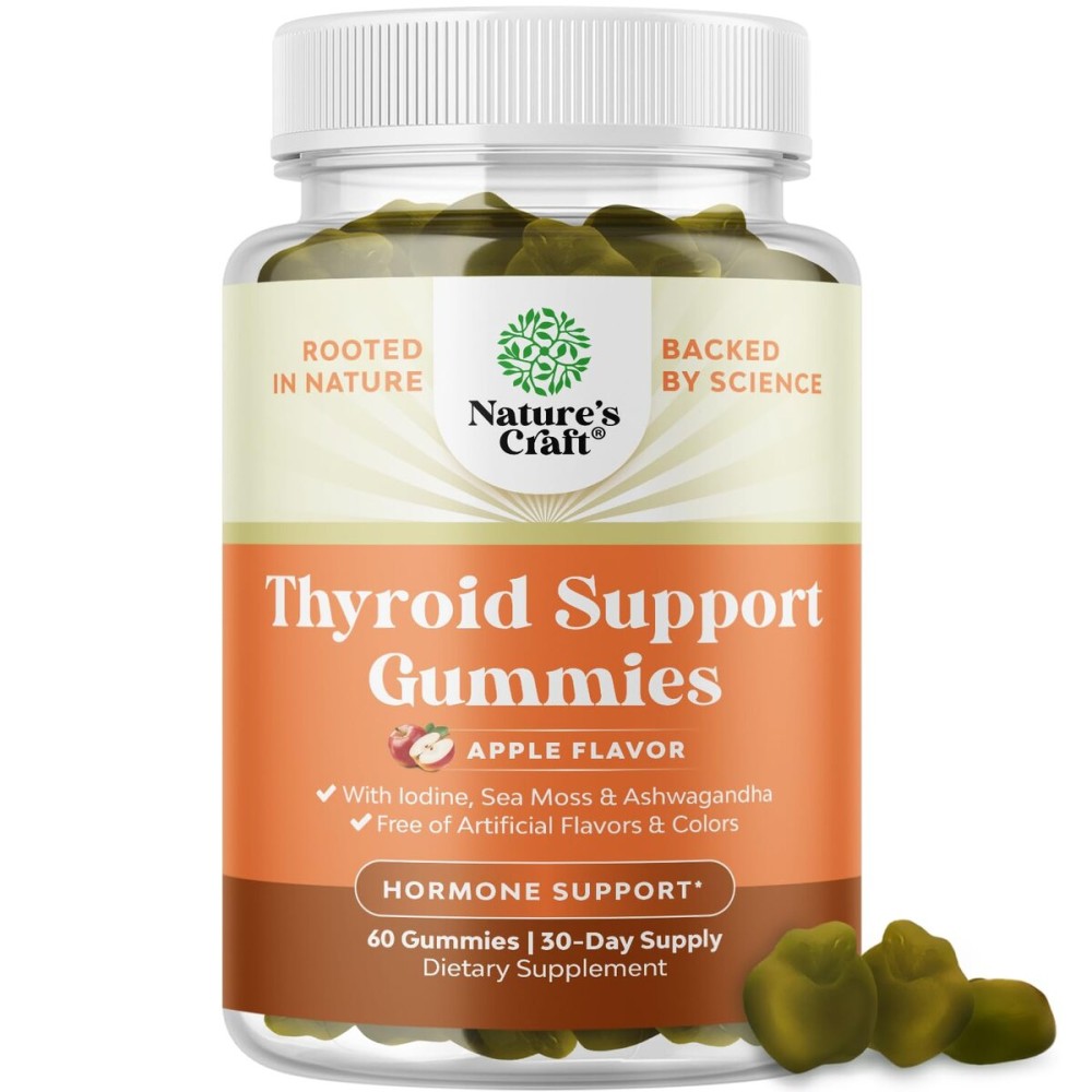 Natures Craft Vegan Thyroid Gummies with Sea Moss - Thyroid Support Gummies for Comprehensive Support for Men and Women with Iodine Selenium and Other Potent Vitamins - Gelatin-Free Non-GMO 60