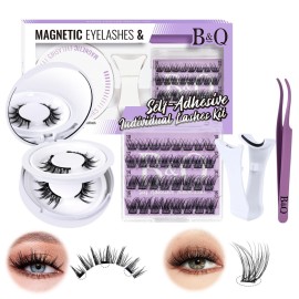 B&Qaugen Self Adhesive Eyelashes 32PCS Magnetic Lashes 2 Pairs Reusable D Curl Lash Clusters No Glue No Remover Needed Safe Use at Home (Magnetic+Self Adhesive)