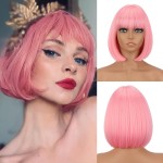 WERD Short Pink Bob Wig for Women Light Pink with Bangs Synthetic Hair Straight Bob Wig for Daily Party Cosplay