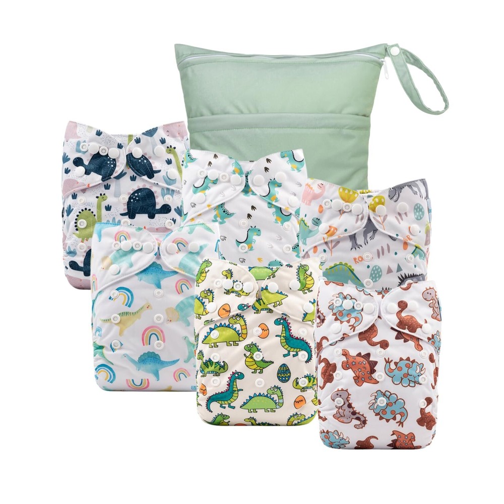 babygoal Cloth Diaper Covers 6 Pack with Wet Bag for Fitted Diapers and Prefolds with Double Gussets, Adjustable and Reusable for Baby Boys and Girls 6DCF11-B