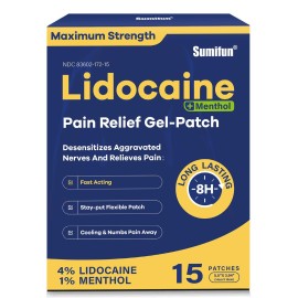 Sumifun 4% Lidocaine Patches Plus 1% Menthol - 15 Counts Maximum Strength OTC Pain Relief Patches for Back Ache Stiff Neck Joint Pain Muscle Soreness Topical Analgesic