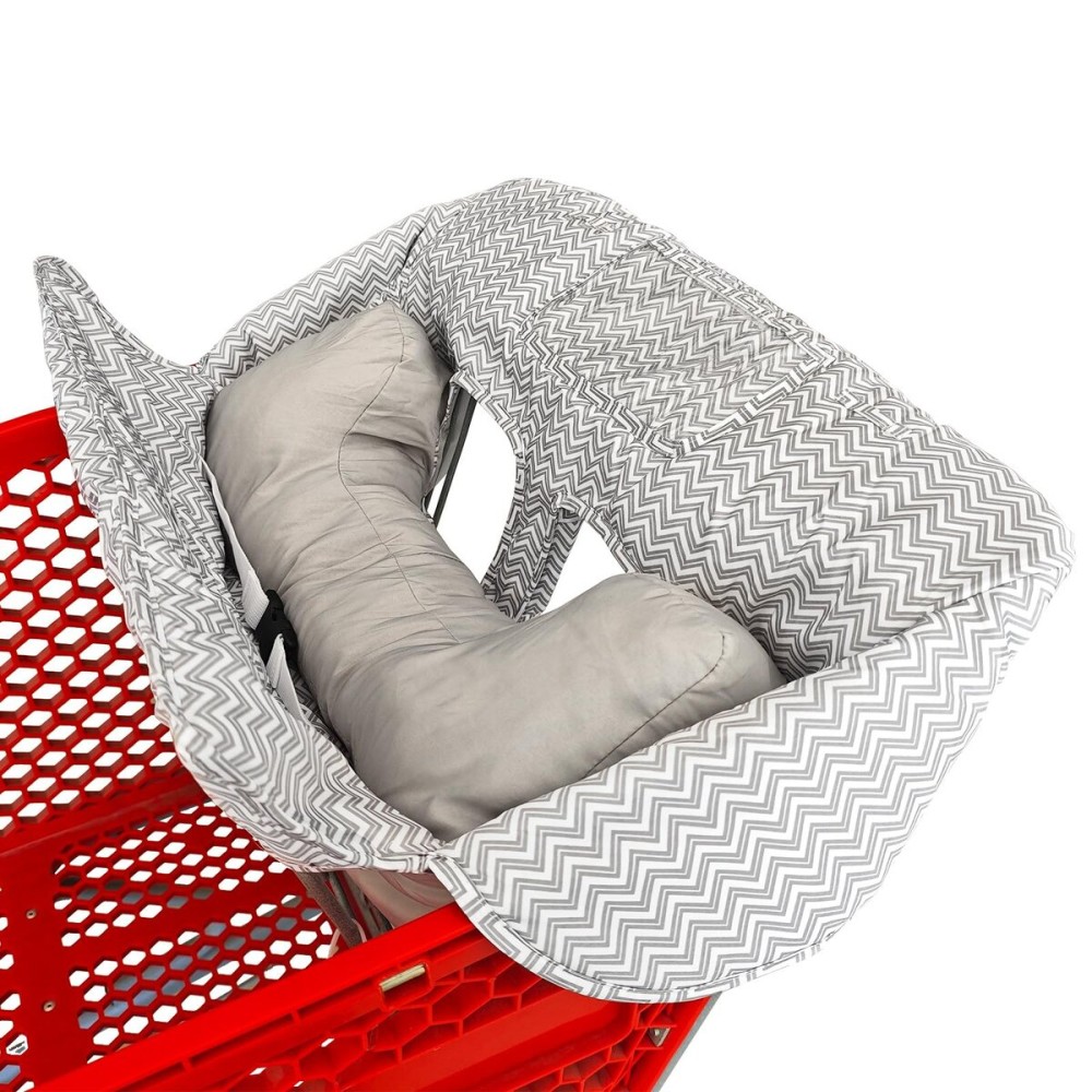 Love&go Soft Pillow Attached 2-in-1 Shopping Cart and High Chair Cover for Baby, Cotton Padded Cart Cover, Fold\'n Roll Style, Portable with Carry Bag (Gray Chevron)