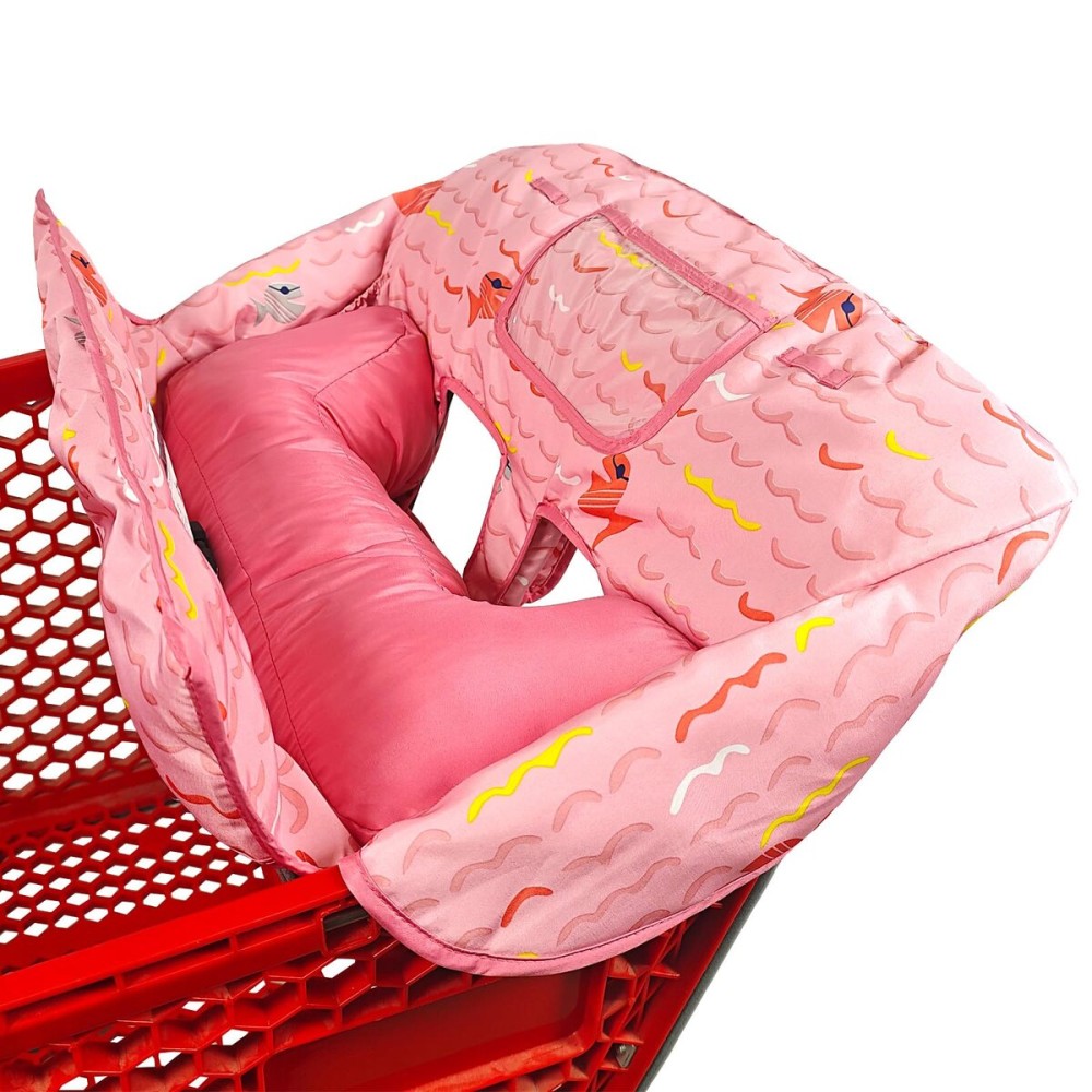 Love&go Soft Pillow Attached 2-in-1 Shopping Cart and High Chair Cover for Baby, Cotton Padded Cart Cover, Fold\'n Roll Style, Portable with Carry Bag (Pink Fish)
