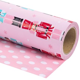 WRAPAHOLIC Reversible Christmas Wrapping Paper - Mini Roll - 17 Inch x 33 Feet - Pink Nutcracker Wrapping Paper and Polke Dot Design for Christmas, Holiday, Party Celebration