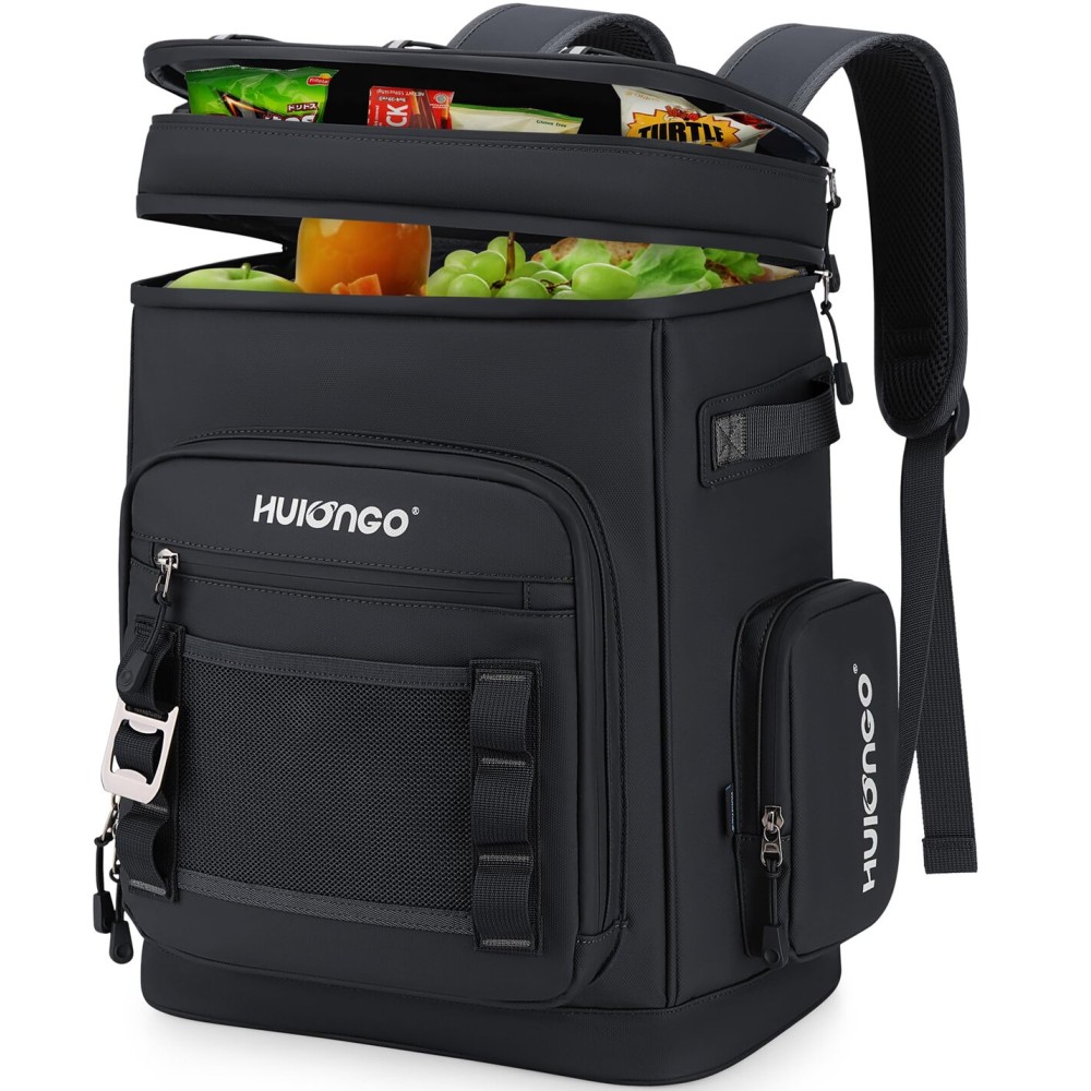 Hulongo Leakproof Insulated Cooler Backpack for Men & Women, Waterproof Backpack Cooler for Beach, Outdoor, Double Deck Cooler Backpack, Leak Proof, Black