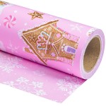 WRAPAHOLIC Reversible Gingerbread Christmas Wrapping Paper - Mini Roll - 17 Inch x 33 Feet - Pink Gingerbread House and Snowflake with Embossed for Christmas, Holiday, Party Celebration