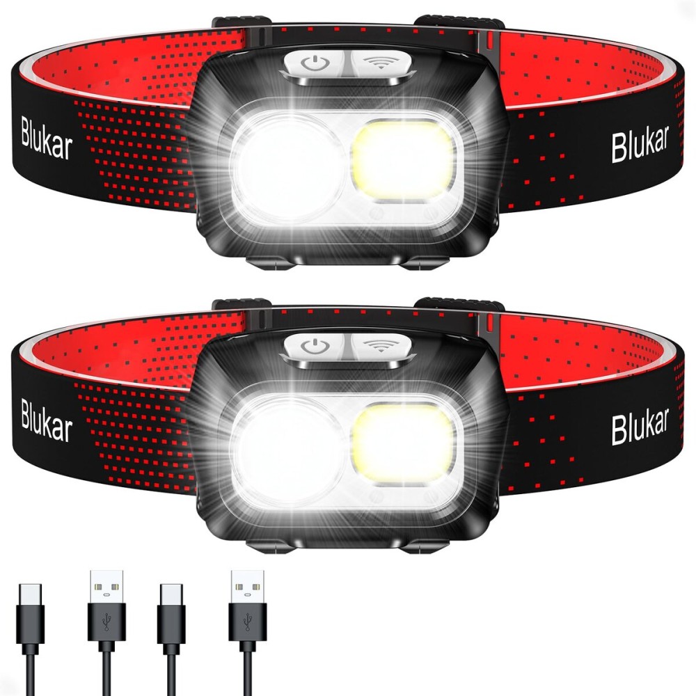 Blukar LED Headlamp Rechargeable,2000L Super Bright Headlight with Motion Sensor -Dimmable Brightness,8 Modes,Spotlight&Floodlight&Red Light Combination,IPX5 Waterproof for Hiking,Camping - 2 Pack