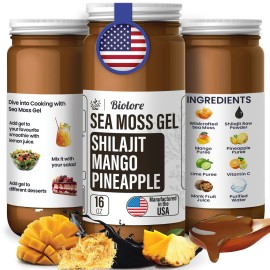 Biolore Wildcrafted Sea Moss Gel with Shilajit - Mango Pineapple 16 oz - Flavored Sea Moss Gel with Essential Vitamins & Trace Minerals - Vegan Superfood - Made in USA, Gluten-Free, No Added Sugar
