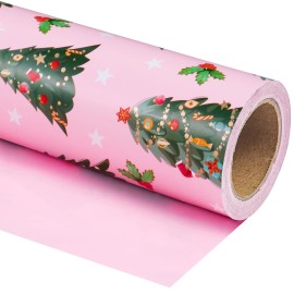 WRAPAHOLIC Reversible Pink Christmas Wrapping Paper - Mini Roll - 17 Inch x 33 Feet - Pink Christmas Tree Wrapping Paper for Holiday, Party Celebration