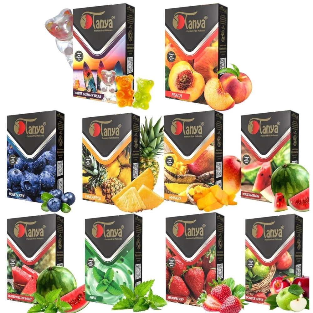 Tanya Herbal Hookah Molasses 100% Nicotine & Tobacco Free Shisha Hookah Flavors Fruit Mix Organic Shisha Flavors 50g Delicious Fruit Flavors (Pack 10)