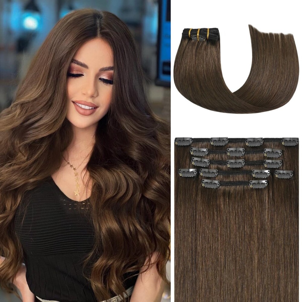 Honsoo Clip In Hair Extensions Real Human Hair Medium Brown Natural Brown Hair Extensions For Women 18in 85g 7pcs