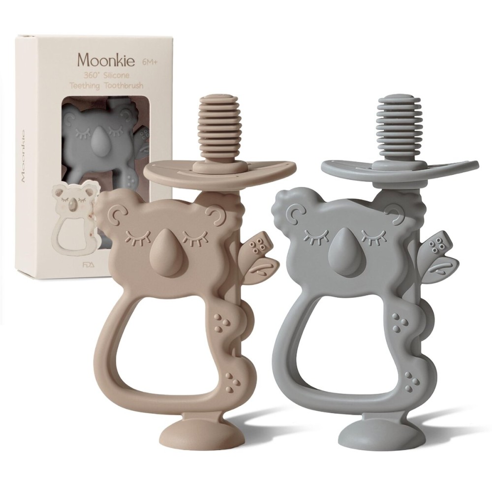Moonkie Teething Toy Set of 2, Safe & Easy to Hold BPA Free Silicone Teethers, 360 Baby Toothbrush with Suction Base, Teether Toys Best for Babies 6-12 Months (Koala Warm Taupe/Lunar Grey)