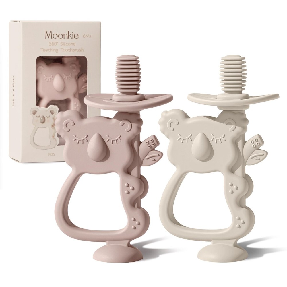 Moonkie Teething Toy Set of 2, Safe & Easy to Hold BPA Free Silicone Teethers, 360 Baby Toothbrush with Suction Base, Teether Toys Best for Babies 6-12 Months (Koala Blush/Shifting Sand)