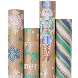 RUSPEPA Christmas Kraft Wrapping Paper - Nutcracker Soldier, Snowflake, Stripe and Text Design - 4 Rolls - 30 inches x 10 feet per Roll