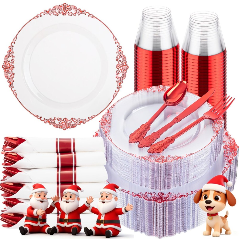 Hioasis 350pcs Clear Red Plastic Plates - Elegant Disposable Dinnerware Set Suitable for 50 Guests Include 10.25 Dinner & 7.5 Dessert Plates, Pre Rolled Silverware Set, Cups for Party & Wedding