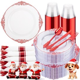 Hioasis 350pcs Clear Red Plastic Plates - Elegant Disposable Dinnerware Set Suitable for 50 Guests Include 10.25 Dinner & 7.5 Dessert Plates, Pre Rolled Silverware Set, Cups for Party & Wedding