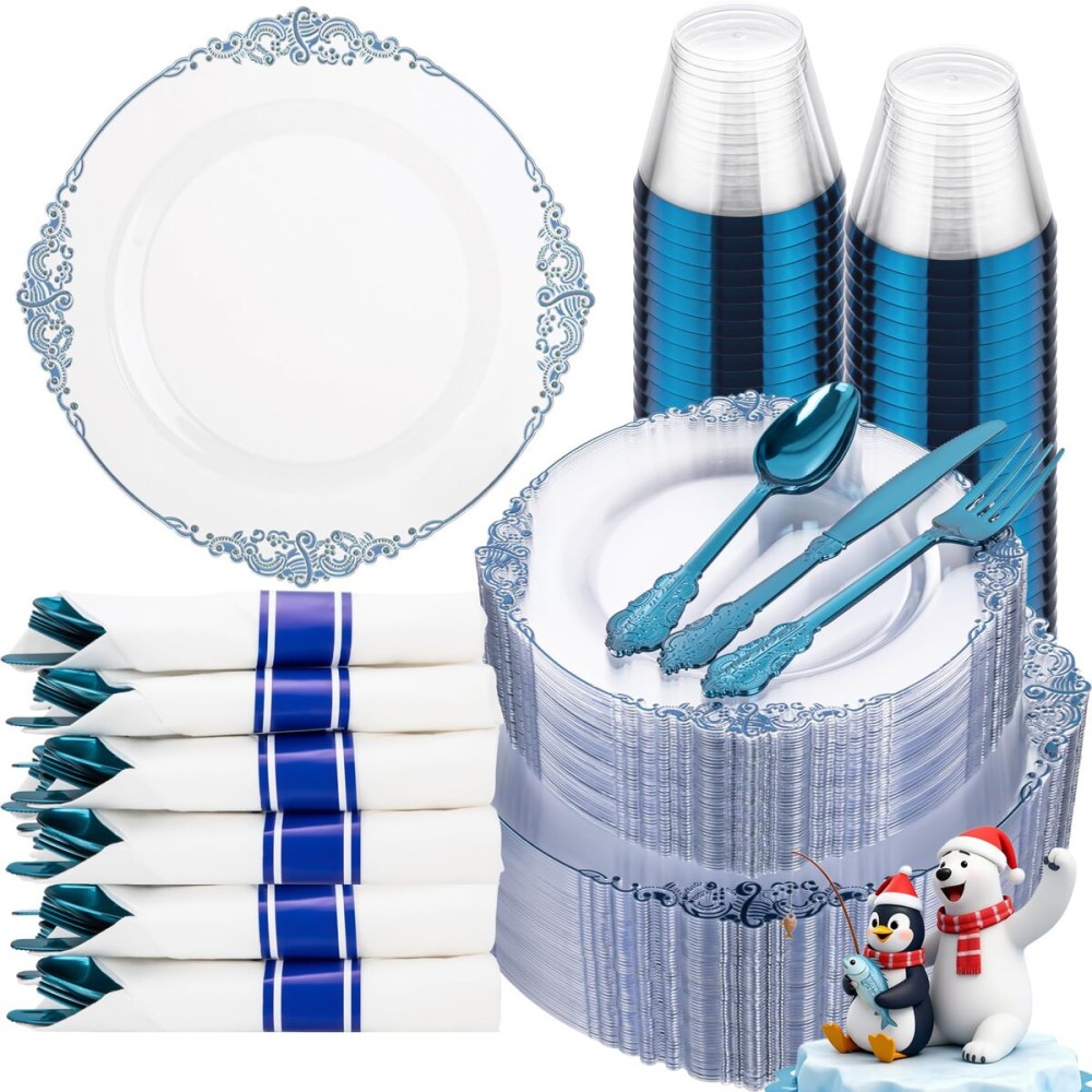 Hioasis 350pcs Clear Blue Plastic Plates - Elegant Disposable Dinnerware Set Suitable for 50 Guests Include 10.25 Dinner & 7.5 Dessert Plates, Pre Rolled Silverware Set, Cups for Party & Wedding