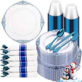 Hioasis 350pcs Clear Blue Plastic Plates - Elegant Disposable Dinnerware Set Suitable for 50 Guests Include 10.25 Dinner & 7.5 Dessert Plates, Pre Rolled Silverware Set, Cups for Party & Wedding